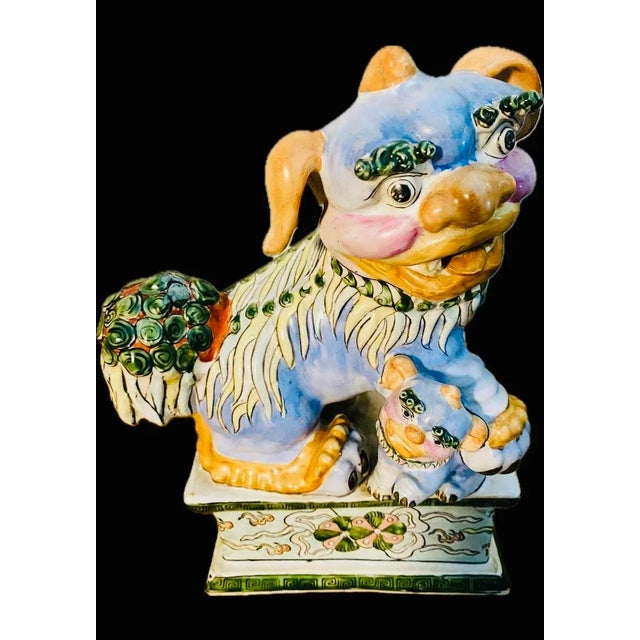 Sky Blue Antique Chinese Glaze Porcelain Foo Dog With Baby For Sale - Image 8 of 10