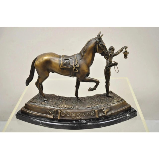 Bronze Late 20th Century Delaware Park Bronze Equestrian Rider Jockey Leading Race Horse Lantern Statue For Sale - Image 8 of 10