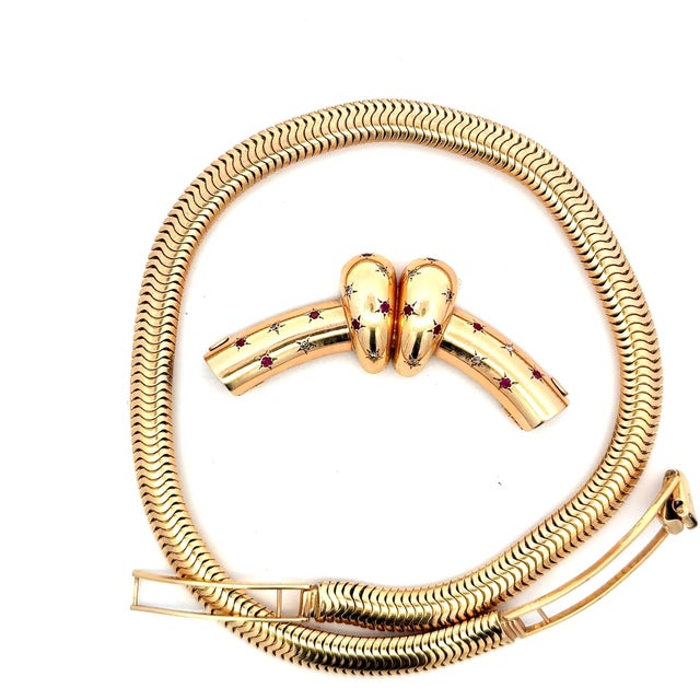 Metal 1940s Retro 14k Gold Ruby & Diamond Convertible Snake Necklace For Sale - Image 7 of 16