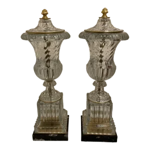 Pair of Crystal Urns on Marble Bases in the Style of Baccarat
