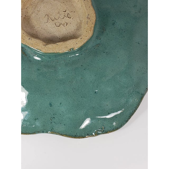 Ceramic 1990s Decorative Handmade Teal Floral and Geometric Pottery Plate/Bowl Signed For Sale - Image 7 of 10