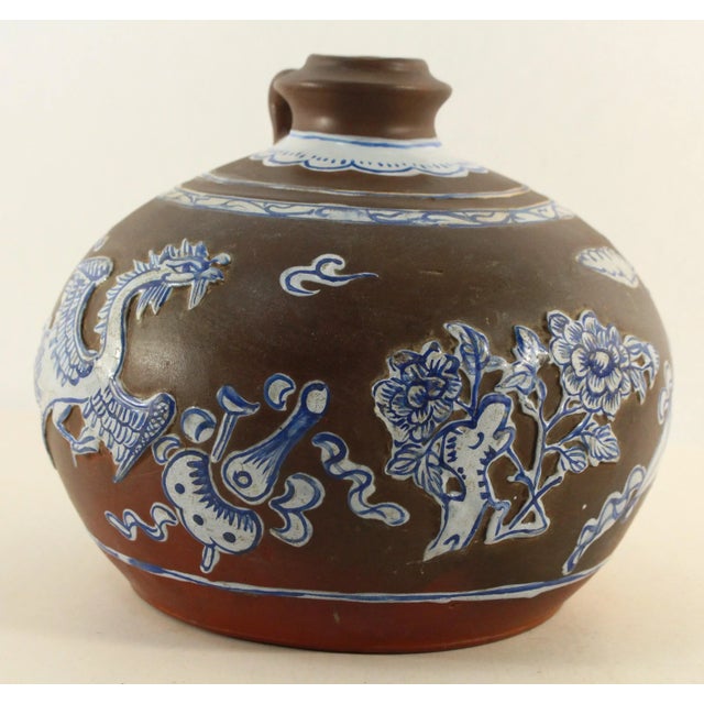 18th Century Chinese Export Kendi Jug Vessel Brown Purple Clay & Blue & White Feng Huang For Sale In Houston - Image 6 of 12