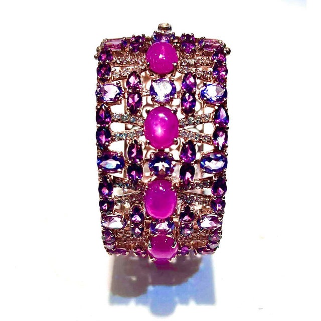 Bochic “Capri” Vintage Natural Ruby & Amethyst Cuff Set In 18K Gold & Silver Natural Rubies - 4 Carat Natural Blue...