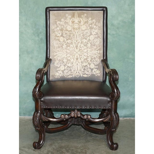 Antique Victorian Carolean Mahogany and Leather Throne Armchairs, 1880, Set of 2 For Sale - Image 4 of 18