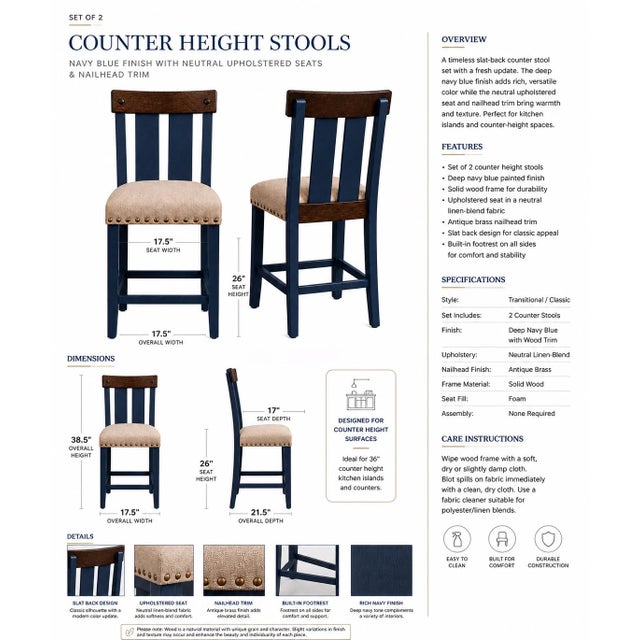 Set of two counter height stools in a deep navy blue finish with natural wood accents and neutral upholstered seats....