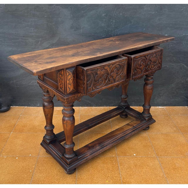 Wood Spanish Renaissance Oak Console Table with Two Carved Drawers, 1890s For Sale - Image 7 of 11