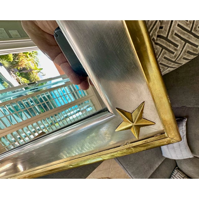 French Directoire Style Brushed Steel and Brass Wall Mirror Star Accents For Sale - Image 12 of 18
