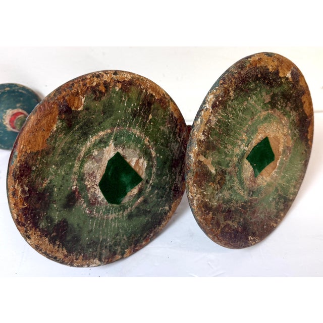 Green Pair Tuscan Polychrome Wooden Altar Candlesticks, Worn Patina, 18th / 19th C. For Sale - Image 8 of 17
