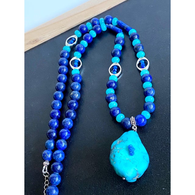 Artisan One-of-a-Kind Gemstone Necklace With Vintage Arizona Turquoise, Lapis Lazuli & Blue Chalcedony For Sale - Image 17 of 18