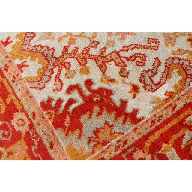 Antique Turkish Oushak With Elegant Motifs in Red, Ivory, Gold and Salmon Pink 7 X 9'8 For Sale - Image 12 of 15