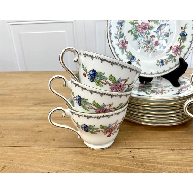 Green 1960s John Aynsley “Pembroke” Pattern Fine English Bone China: Teacups, Saucers and Dessert Plates - Set of 30 For Sale - Image 8 of 13