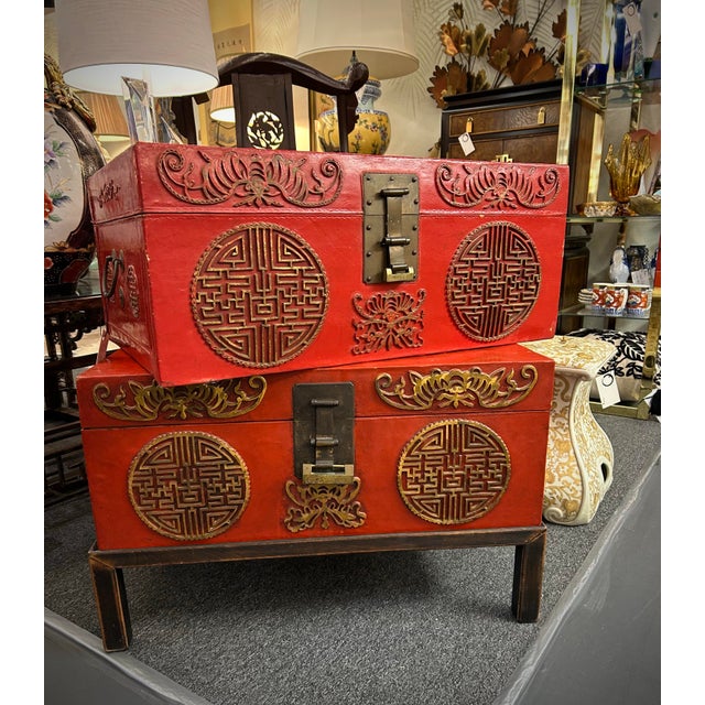 Chinese Fabulous Vintage Chinese Lacquered Pigskin Trunks, A Pair For Sale - Image 3 of 12