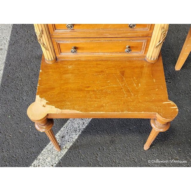 1930s Pair Antique French Neoclassical 1930s Satinwood Mahogany Bedroom Night Tables ~ as Is ~ For Sale - Image 5 of 10
