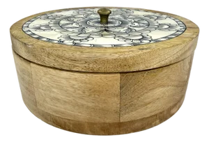 Handcrafted Indian Mango Wood Round Box With Hand Painted Floral Motif Bone Inlaid Lid