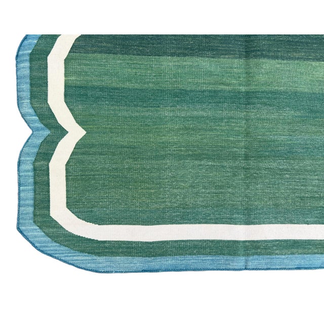 Handmade Cotton Area Vegetable Dyed Rug, Forest Green, Cream and Teal Blue Scalloped Dhurrie - 8'x10' For Sale - Image 10 of 10