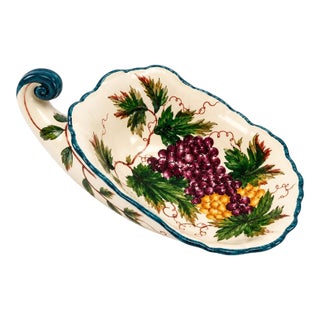 Vintage Italian Hand-Painted Grapevine Ceramic Serving Dish With Scroll Handle For Sale
