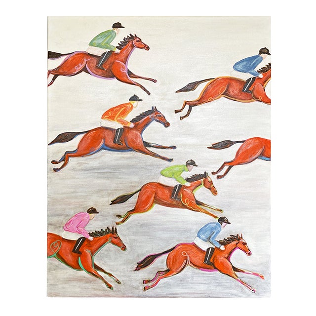 Horse Racing Painting Original Acrylic Art, Equestrian Wall Art, Preppy Palm Beach Decor, Jockey Horse Art by Tatiana Duperault For Sale