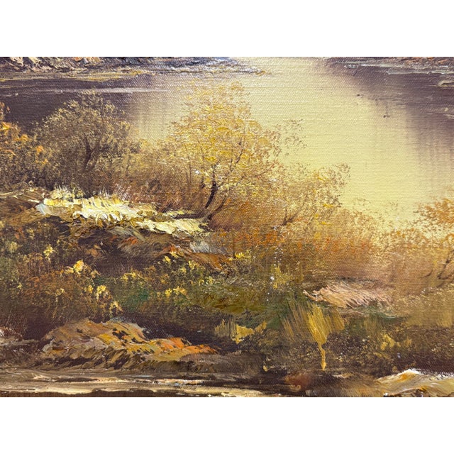 Alpine Mountain Lake Landscape Original Oil Painting, Vintage For Sale - Image 10 of 12