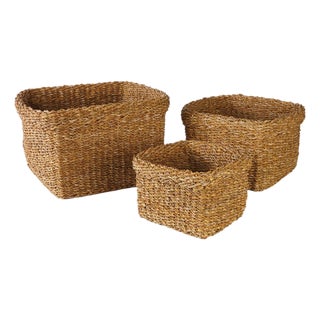 Seagrass Square Baskets With Cuffs, Set Of 3 For Sale