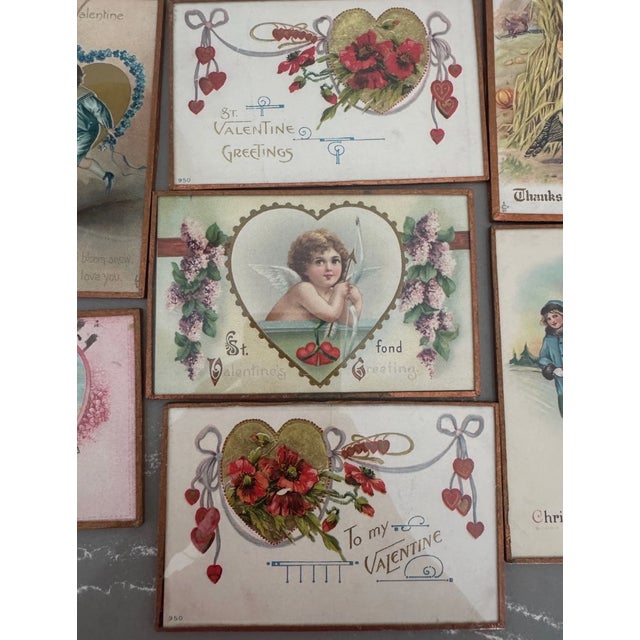Lot of 28 Early 1900s Framed Postcards – Foil Edged Under Glass, Handwritten Backs, Victorian & Edwardian Themes Beautiful...