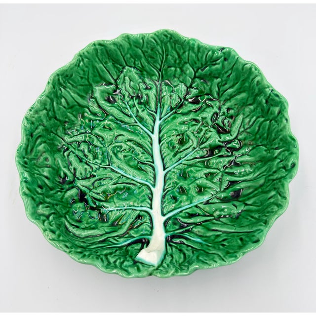 Vintage Bordallo Pinheiro Cabbage Leaf Bowl Pressed Frog Mark Portugal Majolica For Sale - Image 9 of 9