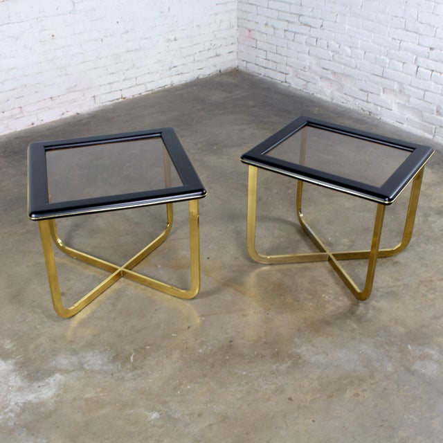 Late 20th Century Modern End or Side Tables 1 Rectangle & 1 Square W/Glass Inset Tops & Brass Plate Bases For Sale - Image 14 of 18