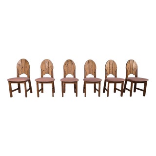 Pink Velvet and Pine Dining Chairs, Sweden, 1970s, Set of 6 For Sale