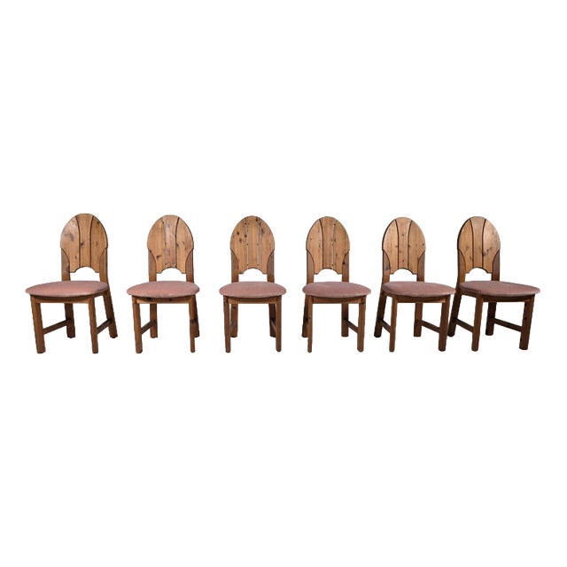 Pink Velvet and Pine Dining Chairs, Sweden, 1970s, Set of 6 For Sale