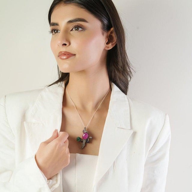 Luxury Ruby Emerald Sapphire Diamond Parrot Motif Silver Brooch Pendant For Sale - Image 4 of 14