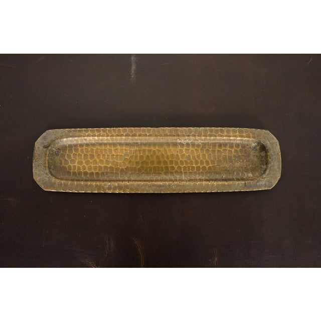 A gorgeous Arts & Crafts period brass finished hand hammered copper pen tray, desk tray, or ashtray By Roycroft (signed...
