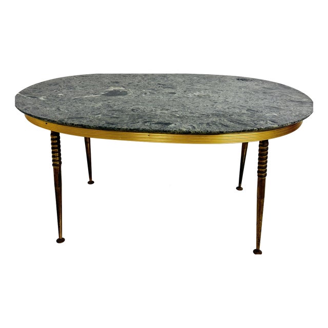 Oval Brass Coffee Table with Green Marble Top, 1950s For Sale