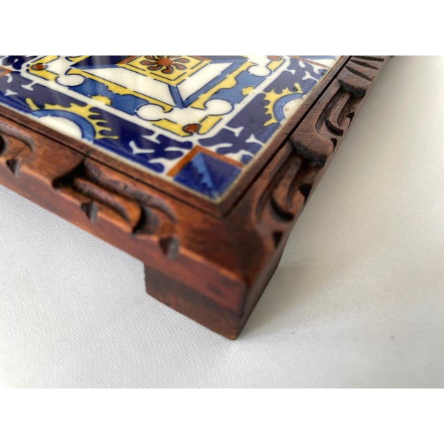 Wood 1950s Mexican Hand Carved Wood Frame Base Tile Trivet For Sale - Image 7 of 9