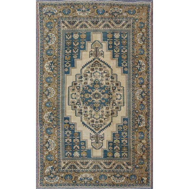 Vintage Turkish Rug With Geometric Design in Blue, Gold and Cream Colors For Sale - Image 9 of 9