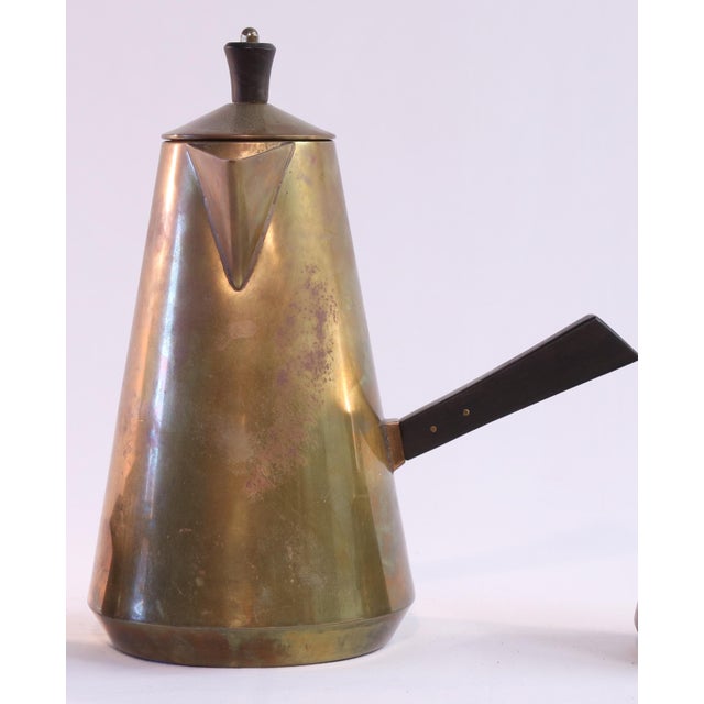 Mid Century Modern JC Moore Coffee/Tea Set Pitcher 837, Creamer and Sugar, Brass with Wood handles.