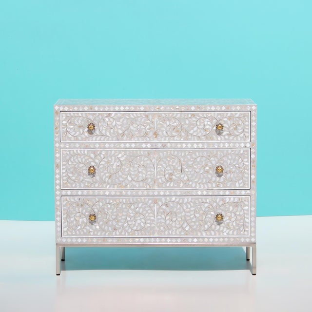 Not Yet Made - Made To Order Arabesque Mother of Pearl Inlay Three-Drawer Dresser - Grey by House of Jaipur For Sale - Image 5 of 5