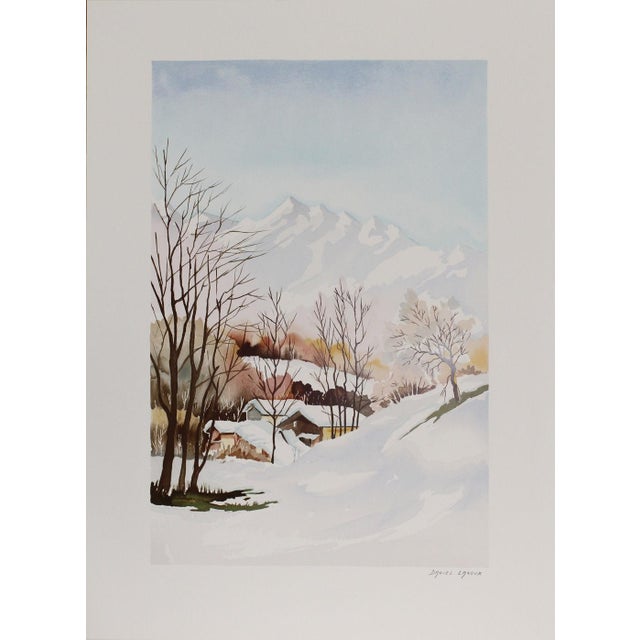 View In The Alps by Daniel Lanoux is a serene colour lithograph capturing the quiet beauty of an alpine winter landscape....