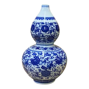 Chinese Oriental Blue White Gourd Porcelain Flower Graphic Vase