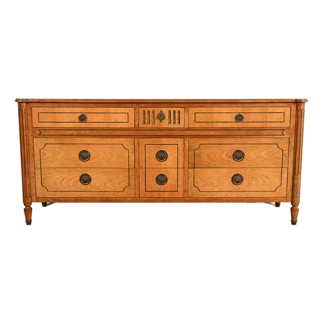 Baker Furniture French Regency Louis XVI Carved Walnut Triple Dresser or Credenza, Circa 1960s For Sale