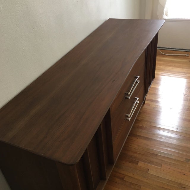 Walnut Credenza Inverted Boomerang Top and Original Cadillac Chrome Pulls For Sale - Image 4 of 12