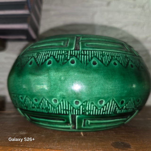 Vintage Art Deco Green Monochrome Glazed Porcelain Greek Key Bowl, as found. Mid-20th Century (c. 1930s–1950s) / Likely...