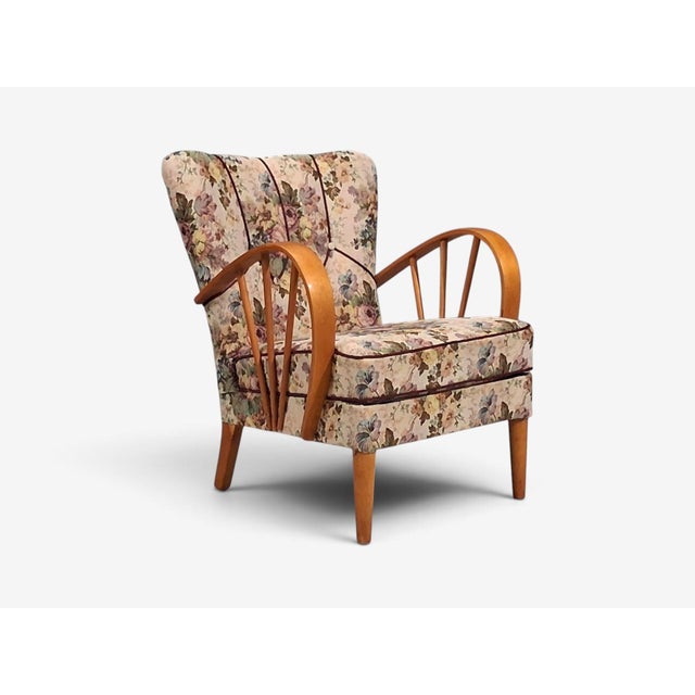 1940s Swedish Modern, Lounge Chairs, Elm, Floral Fabric, Sweden, 1940s For Sale - Image 5 of 13