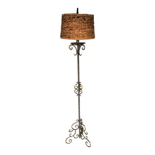 Vintage Metal Floor Lamp With Wicker Shade For Sale