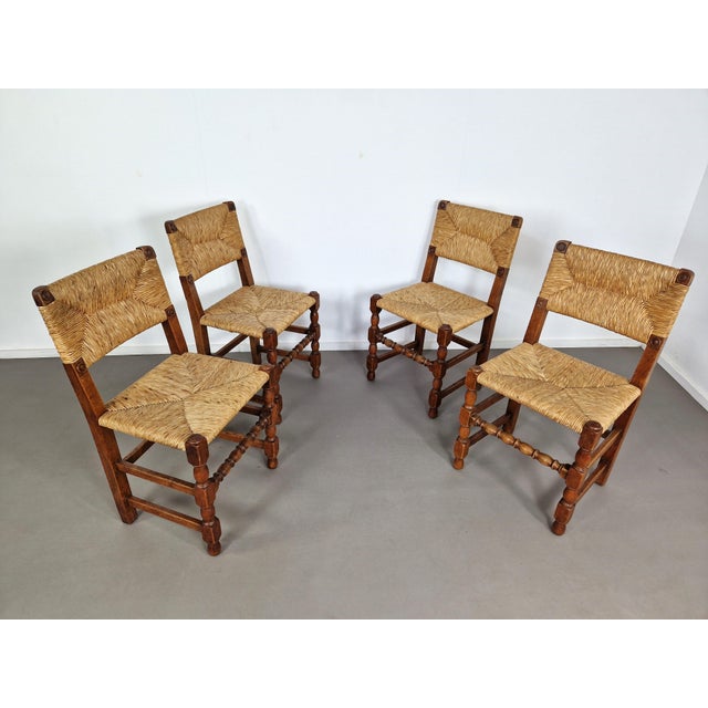 Wood Vintage French Primitive Rush Chairs, 1930s, Set of 4 For Sale - Image 7 of 11