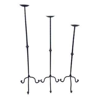 Hand Forged Iron Candelabra Set of 3 (93-113cm) Antique Copper Finish Hammered Stem with Decorative Knop For Sale