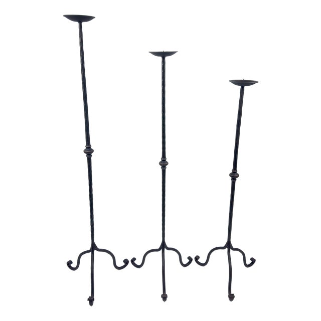 Hand Forged Iron Candelabra Set of 3 (93-113cm) Antique Copper Finish Hammered Stem with Decorative Knop For Sale