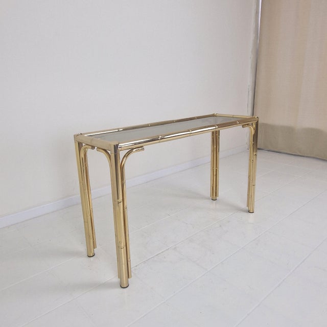 Metal Italian Rectangle Side Table in Brass Bamboo and Smoked Glass, 1970s For Sale - Image 7 of 15