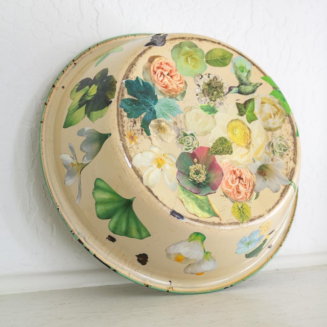 1940s Vintage Floral Decoupage Large Enamelware Bowl For Sale - Image 5 of 12