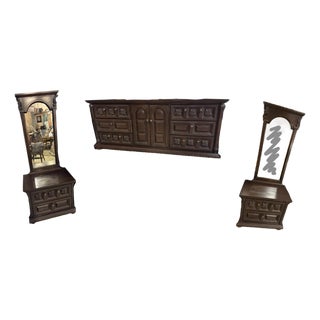 Vintage Spanish Revival Carved Wood Dresser & Matching Mirror Set For Sale