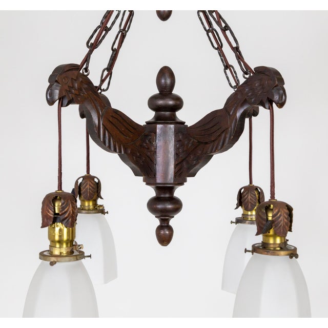 Early 20th Century Carved Wood Parrots Chandelier With Hanging Glass Shaded Lights For Sale - Image 12 of 13