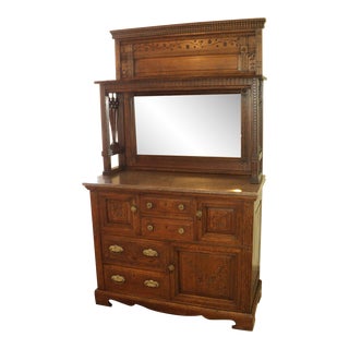 Antique Oak Rustic Marble Top Sideboard Buffet For Sale